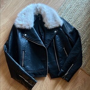 Forever 21 Black Faux Leather Jacket with Cream Faux Fur Collar